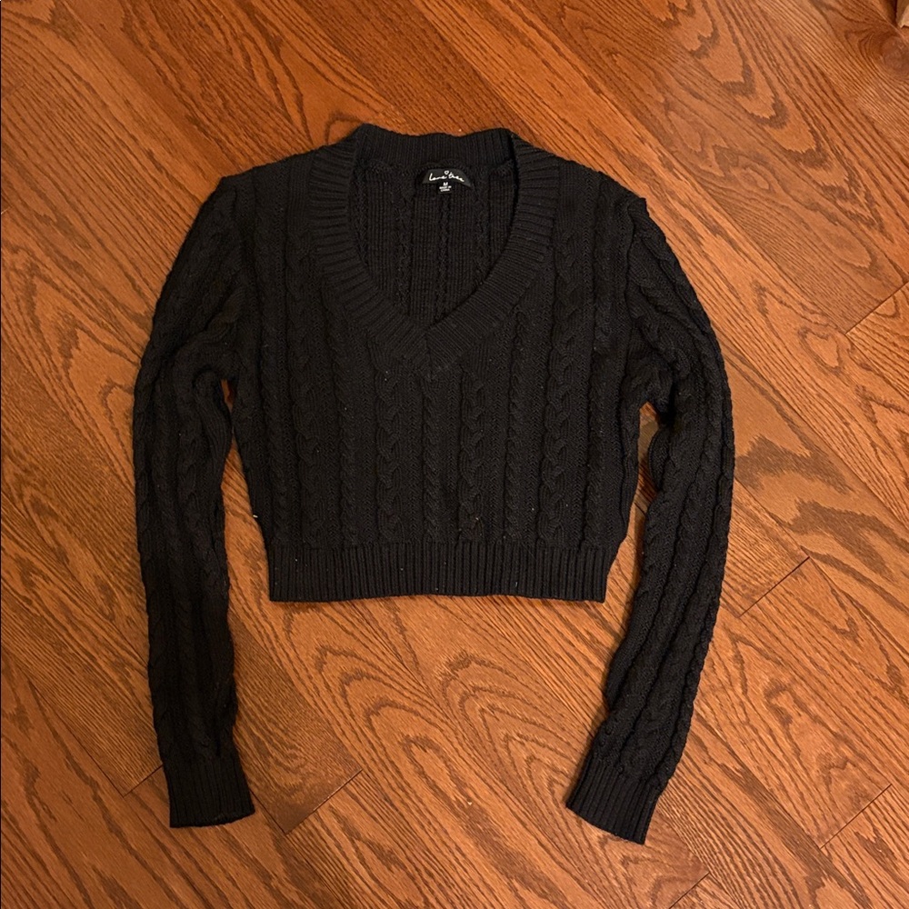 Cable Knit Cropped Black V-Neck Sweater by Love Tree